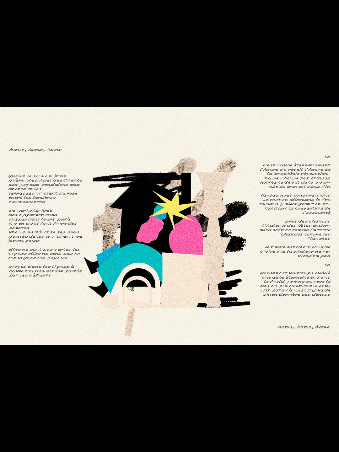 Carte recto verso turquoise, rose et jaune avec une illustration exterieur avec un personnage à tete d'etoile dans une maison. L'intérieur contient un passage du livre et nos visages de John Berger